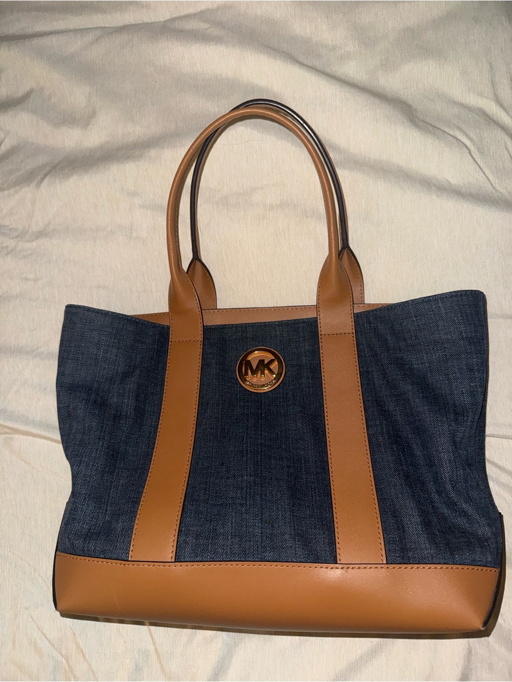 Michael Kors Denim Tote with Tan Leather Trim and Gold Logo
